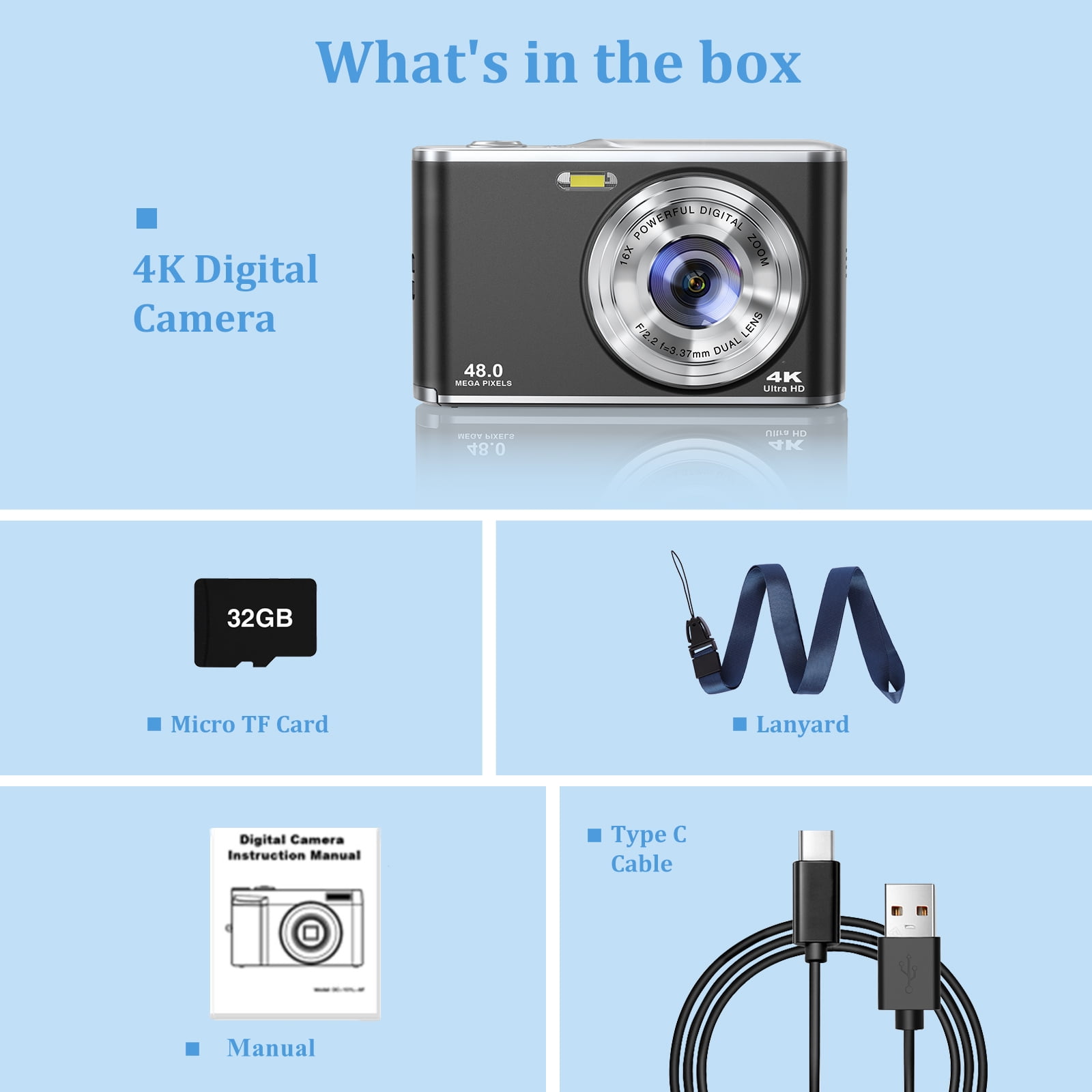 48MP 4K Digital Camera with Autofocus & 16X Zoom - Dual Lens Compact Camera for Vlogging, Includes 32GB SD Card (Ideal for Kids/Teens/Beginners)