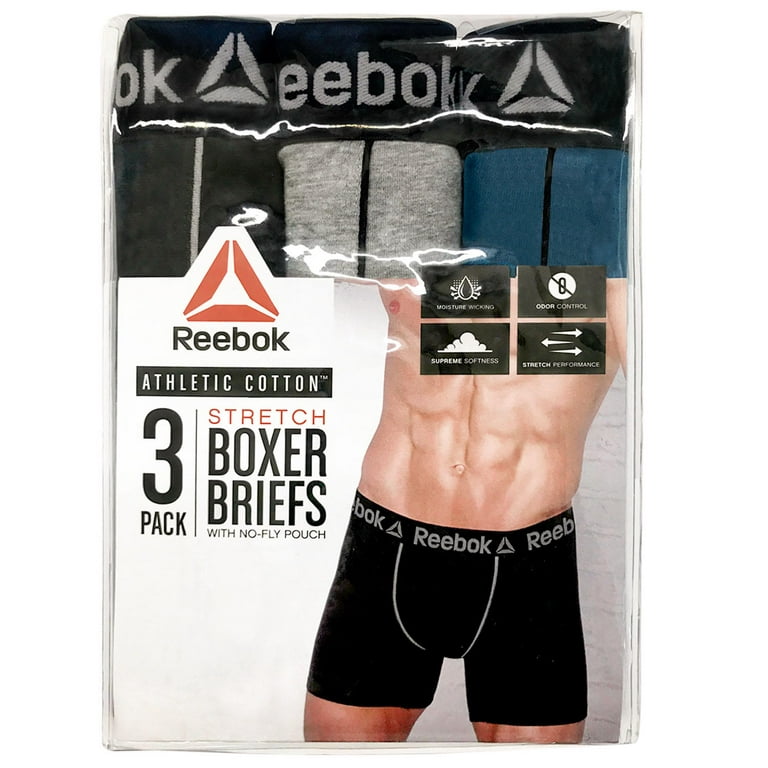 Reebok Men's Cotton Stretch Boxer Brief 3-Pack In Black Blue Grey, 2XL