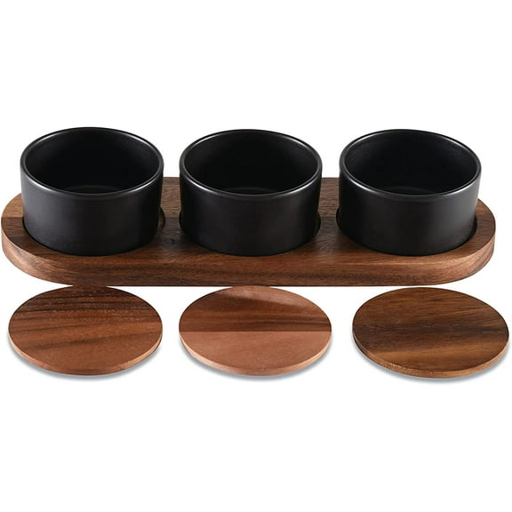 Black Ceramic Condiment Set on Acacia Wood Base