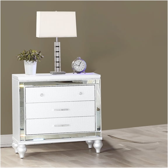 JERFIT Modern White Nightstand with Mirror Accents, 3-Drawer Wood Bedside Table with Crystal Knobs, Compact Dresser for Bedroom