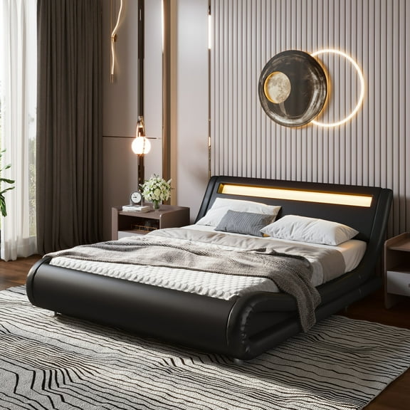 Einfach Queen Faux Leather LED Sleigh Bed with Functional Headboard, Black