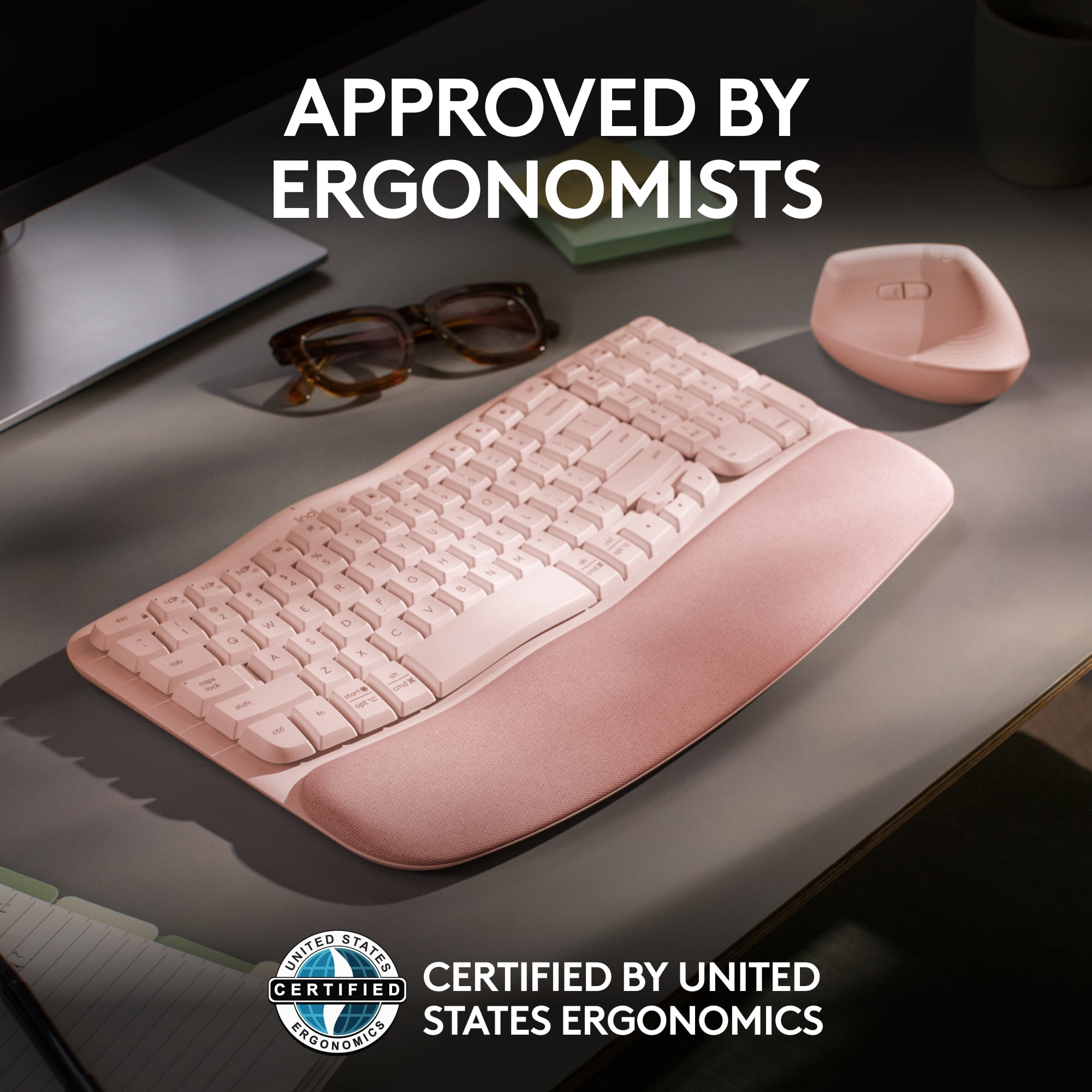 Logitech Wave Keys Wireless Ergonomic Keyboard with Cushioned Palm Rest, Comfortable Natural Typing, Easy-Switch, Bluetooth, Logi Bolt Receiver, Rose