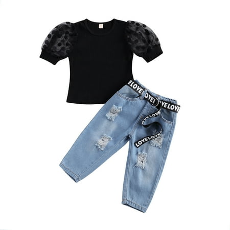 

Liacowi Girls Short Sleeve Tops Elastic Waist Jeans and Waistband