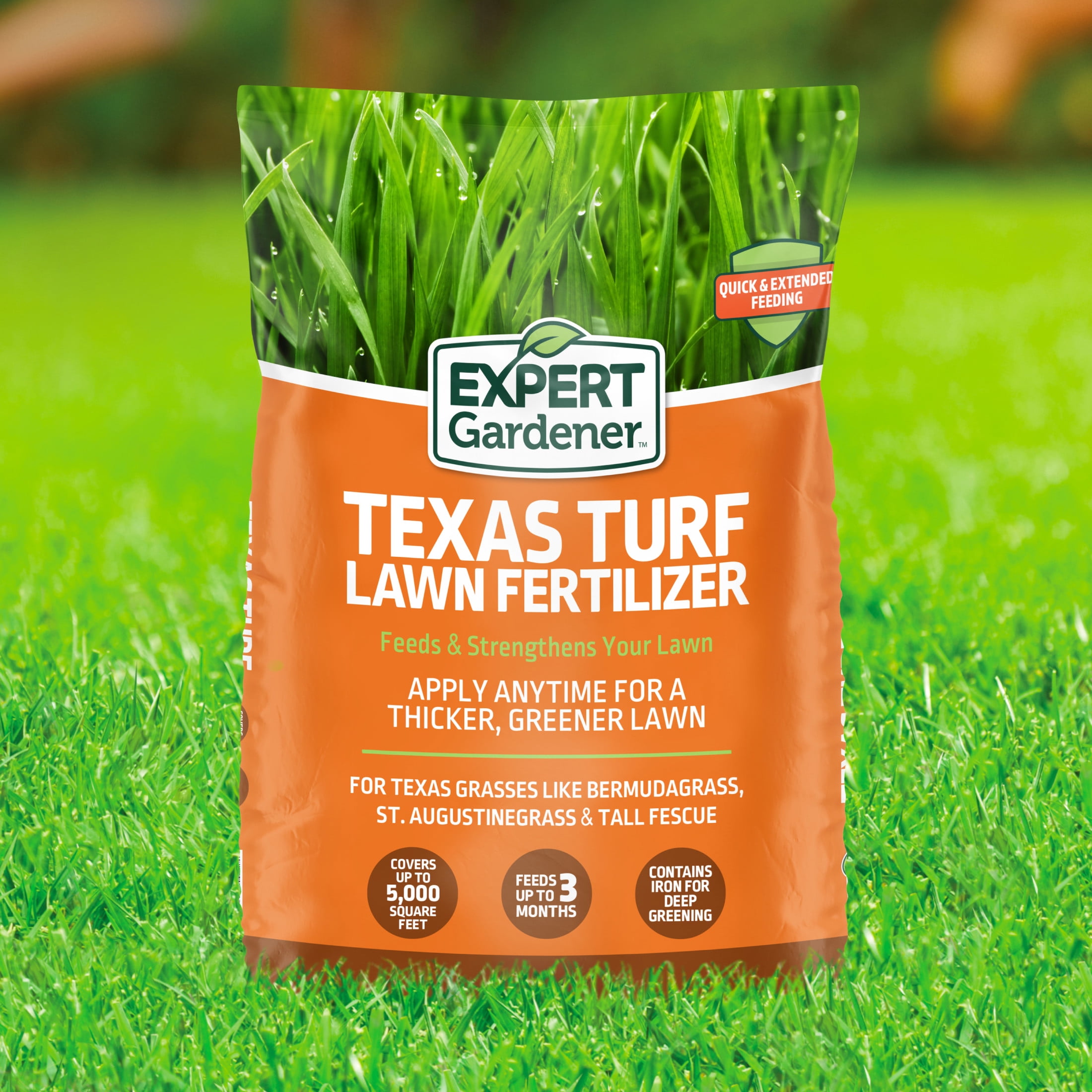 Expert Gardener Texas Turf Lawn Food Plus 2% Iron Fertilizer 15-5-10, 30.2 lb. - Covers 5,000 Sq. ft