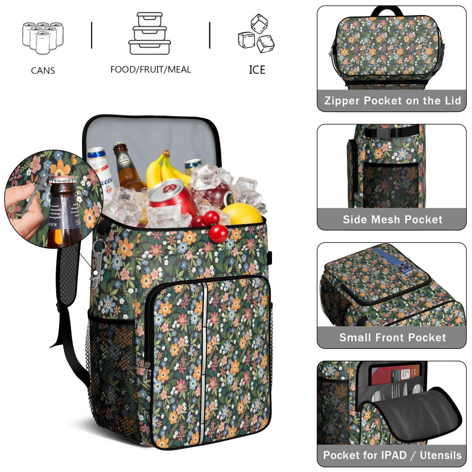 Travel Cooler Bag - Pioneer Flower Floral Print Pattern Camping Beer Cooler Backpack with Bottle Opener- Waterproof Insulated Picnic Backpacks - Cooler Bag for Beach