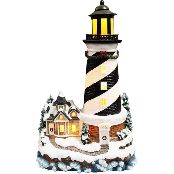 13.7”H Lighthouse - LED Lights, Adapter Included Christmas Village - Hand-Painted Polyresin