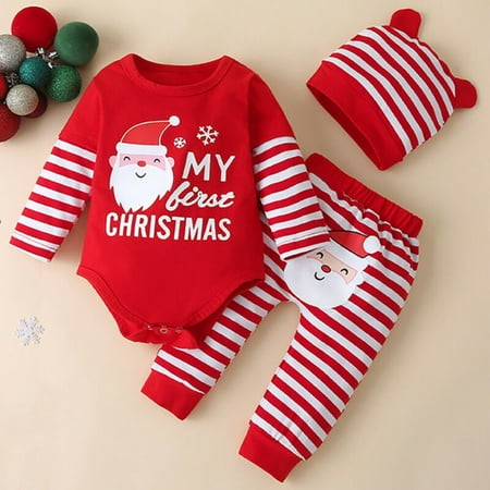 

KAMAKID Baby Boys Girls Christmas Long Sleeve Romper Tops + Pants + Hat Fancy Striped Festive Outfits Set Red 12-18 Months