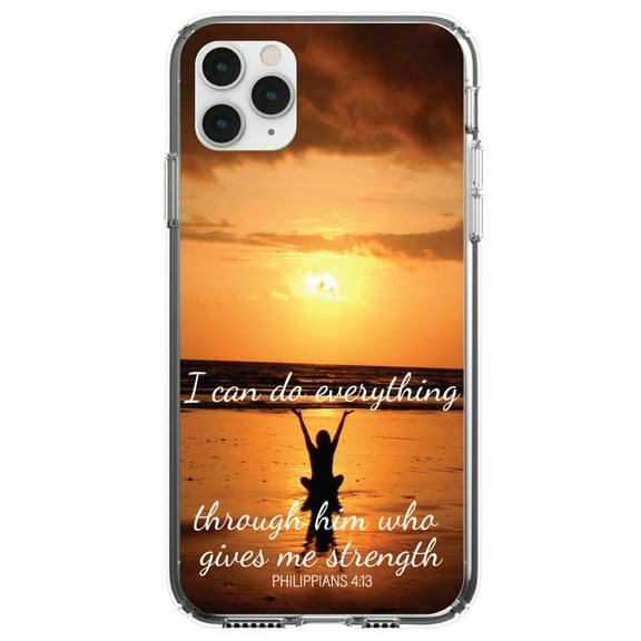 DistinctInk Clear Shockproof Hybrid Case for iPhone 13 Pro MAX (6.7" Screen) - TPU Bumper, Acrylic Back, Tempered Glass Screen Protector - Philippians 4:13 Everything through Him who gives strength