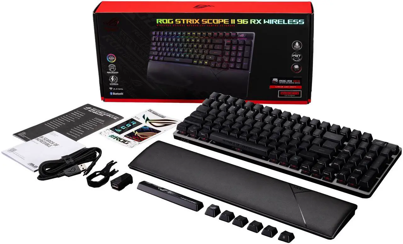 ASUS ROG Strix Scope II 96 RX Wireless Optical Gaming Keyboard - 96% Full-Size, Tri-Mode Connectivity, Pre-lubed ROG RX Red Linear Switches ABS Keycaps, RGB, PC/Mac Support - Black