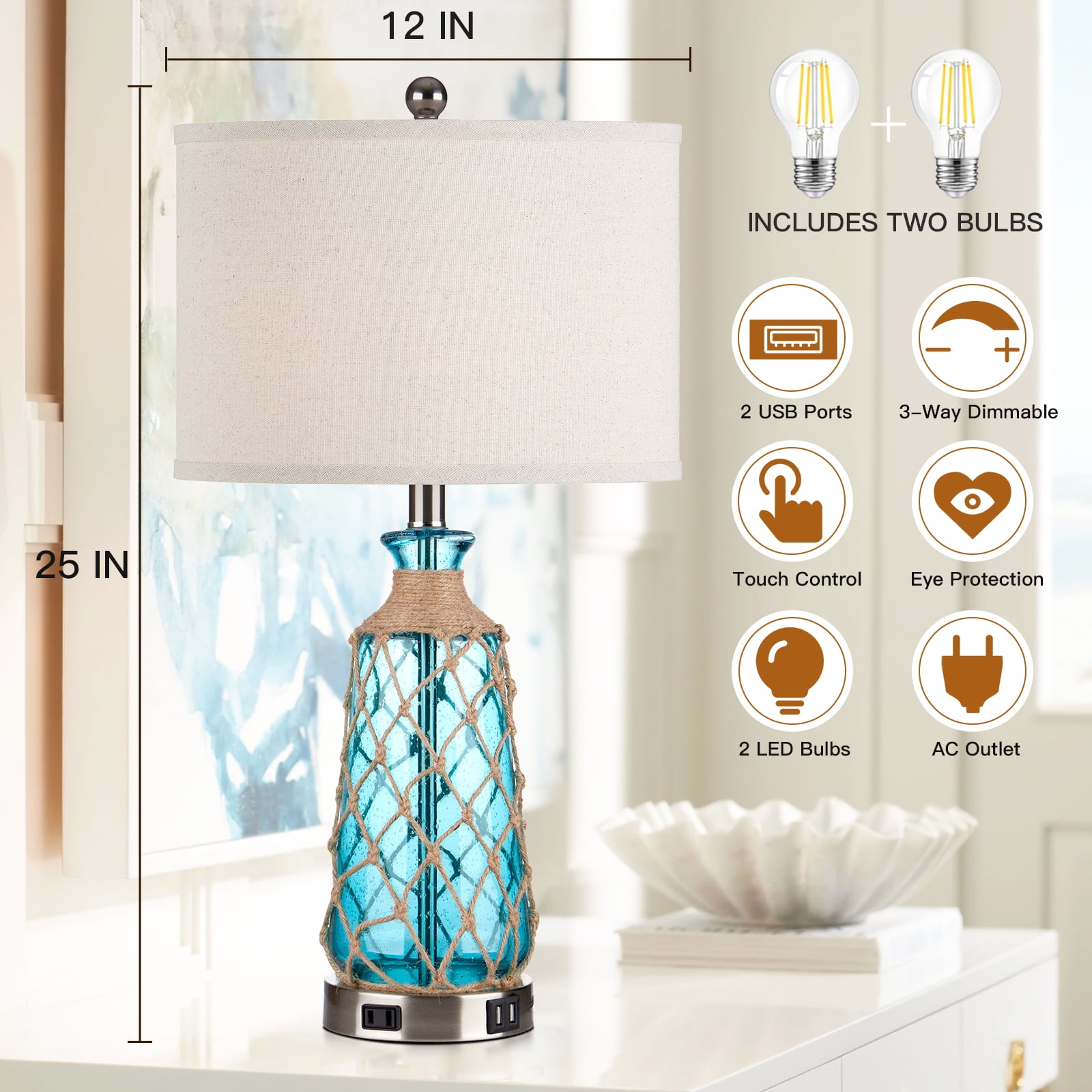 Cinkeda Coastal Table Lamps Set of 2 with USB C & A Charging Ports & AC Outlet - 3-Way Dimmable Touch Control Bedside Lamps,25" Tall, Glass
