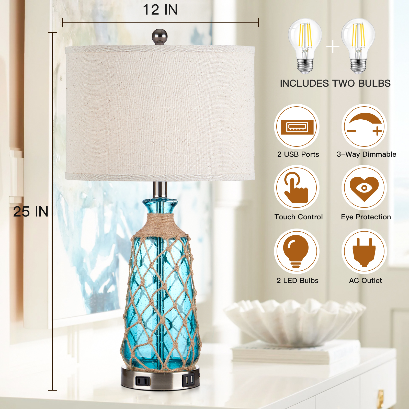 Cinkeda 26" Blue Bubble Glass Table Lamp Set of 2 with USB Ports photo 6