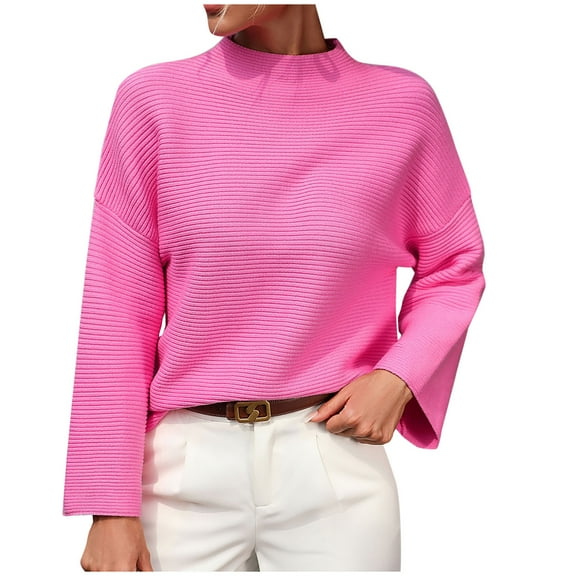 VERUGU Sweaters for Women Fall Winter Loose Warm New Fashion Casual Pullover Solid Long Sleeve Round Neck Comfortable Knitting Sweater Hot Pink M