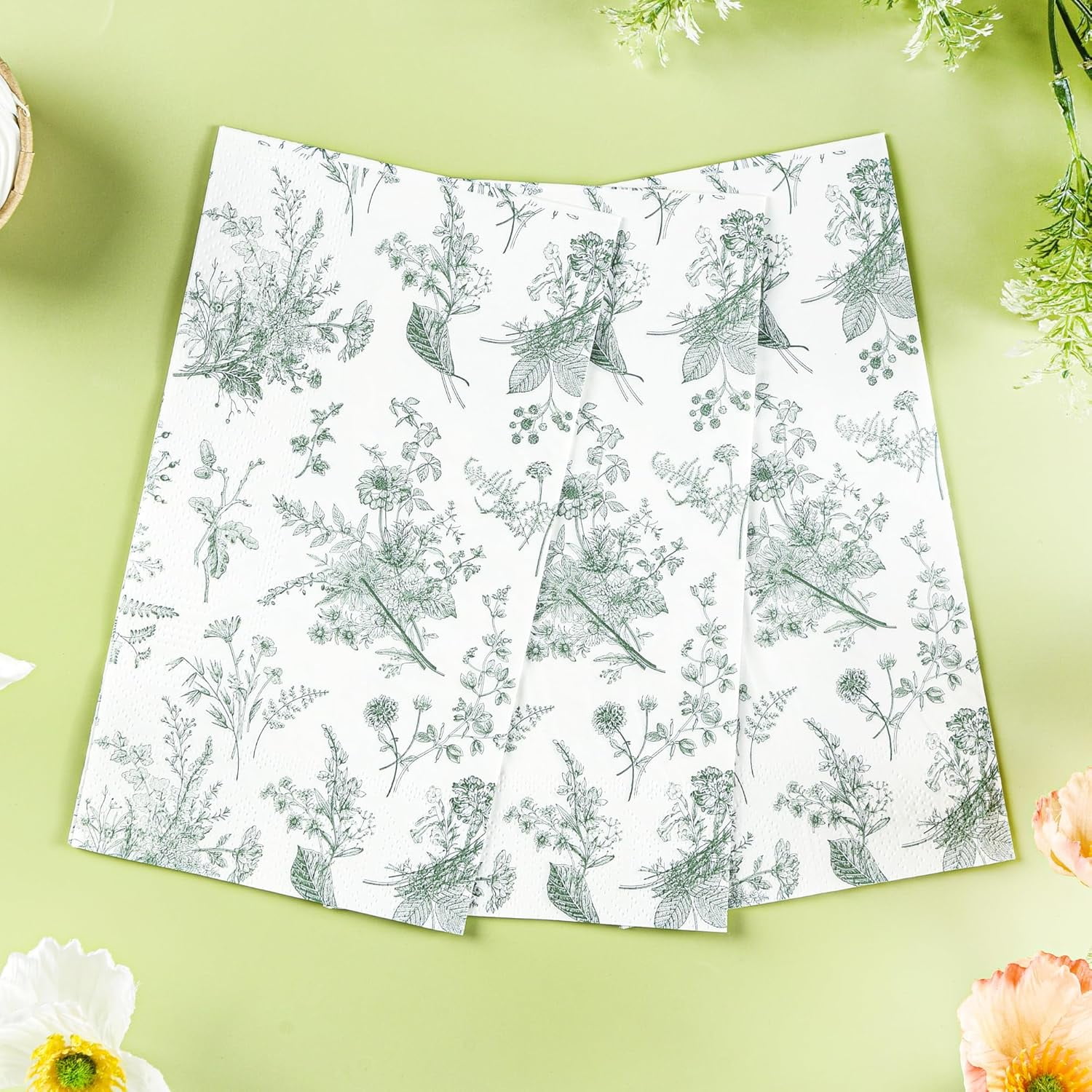 100 Floral Guest Napkins Sage Green White Toile Disposable Paper Napkins Flower Bathroom Hand Towels for Tea Party Christmas Bridal Baby Shower Party Supplies