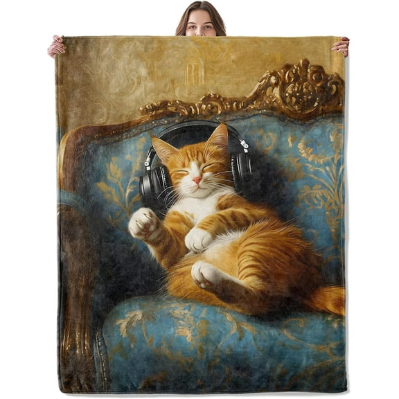 Cute Cat Blanket, Lightweight Comfy Kitten Music Throw for Couch Sofa Bedroom, Soft Cozy Travel Flannel Vintage Whimsical Blankets Gifts for Girls Boys Kids Animal Lovers, Home Decor 60×50in