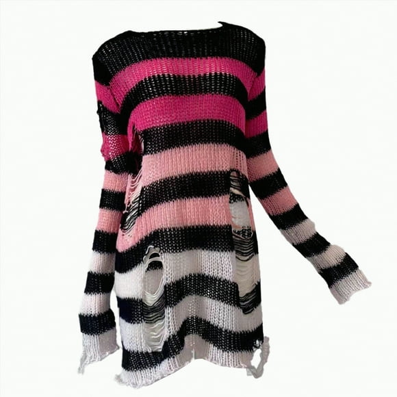 Splozh Sweater for Women Long Sleeve Tunic Women Broken Hole Mid Length Sweater Stripe Loose Autumn/Winter New Women's Sweater Hot Pink,One Size