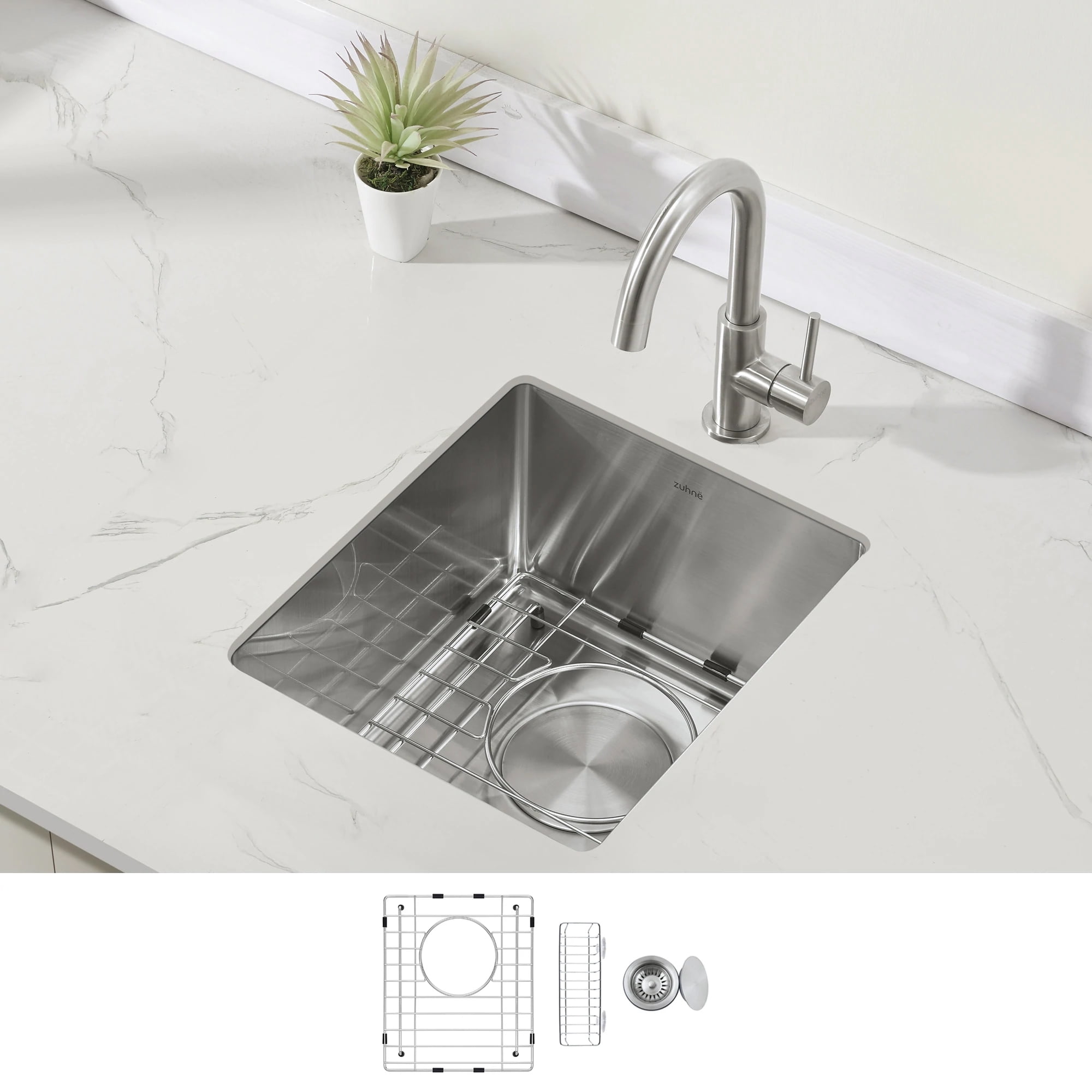 zuhne modena 13 x 15 inch wet bar, small prep, rv and utility kitchen sink undermount single bowl 16 gauge stainless steel w. scratch protector grate and drain strainer, fits 15" cabinet