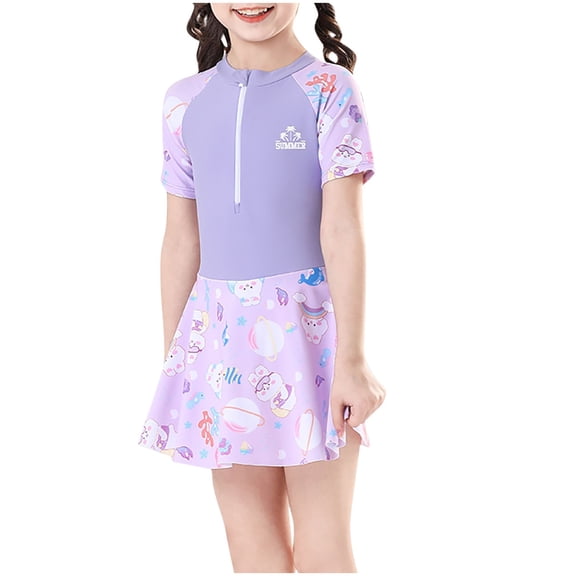 Odeerbi 6-14 Years Kids Girls One Piece Swim Dress Summer Floral Training Swimdress with Shorts Beach Hawaiian Beachwear Children's Sun Protection Rash Guard Swimsuit
