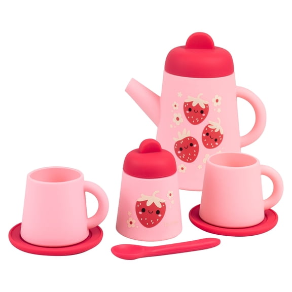 Tiger Tribe Silicone Tea Set for Kids - Strawberry Patch - 9-Piece Playset Includes Teapot and Saucers, Safe Play for Toddlers Age 1 - Pretend Play Toy