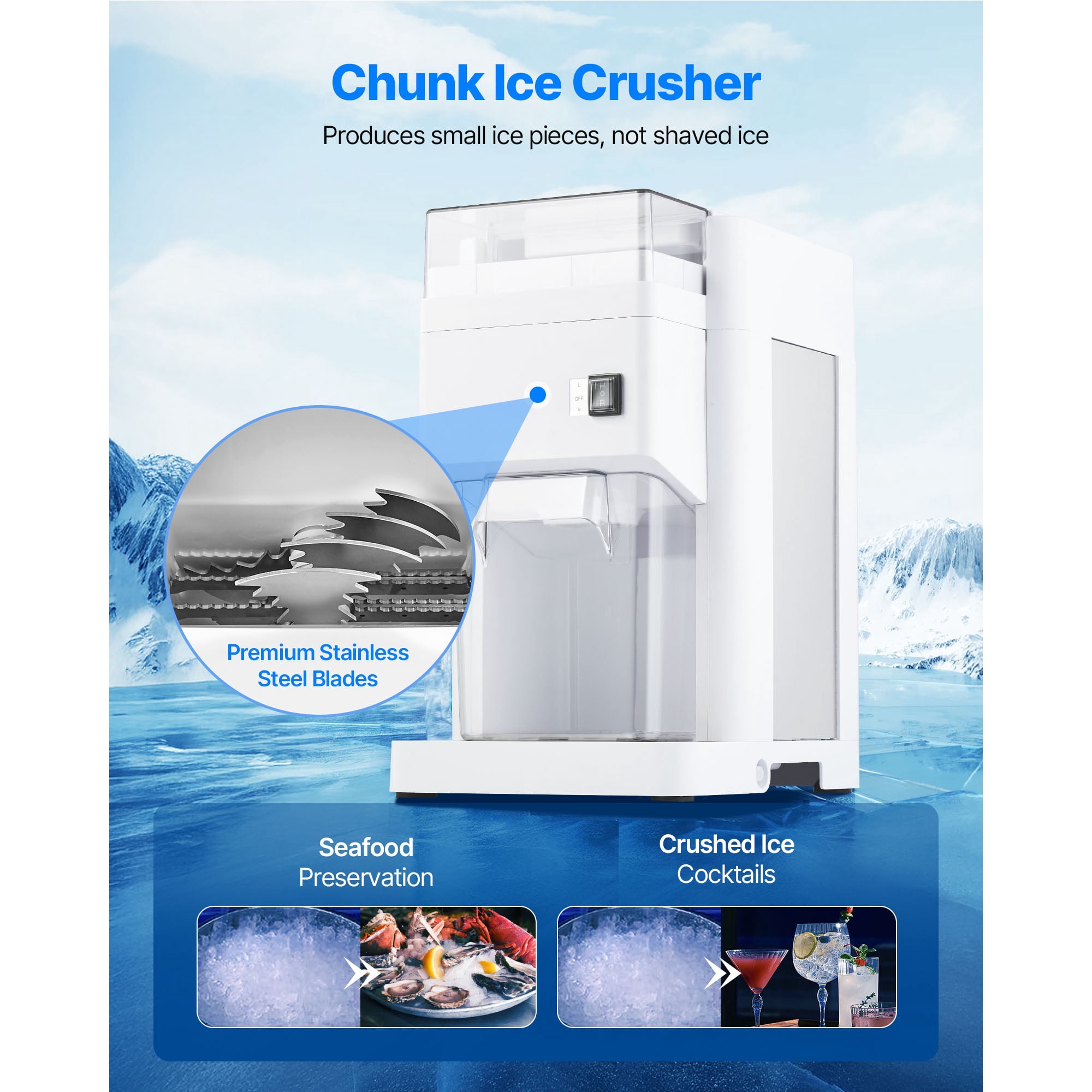 KFFKFF Commercial Ice Shaver Machine with 1.91QT/1.8L Capacity, Electric Ice Crusher Featuring 300W Motor and Stainless Steel Blades, Ideal for Bar Use, Seafood Storage, and Home Gatherings, White