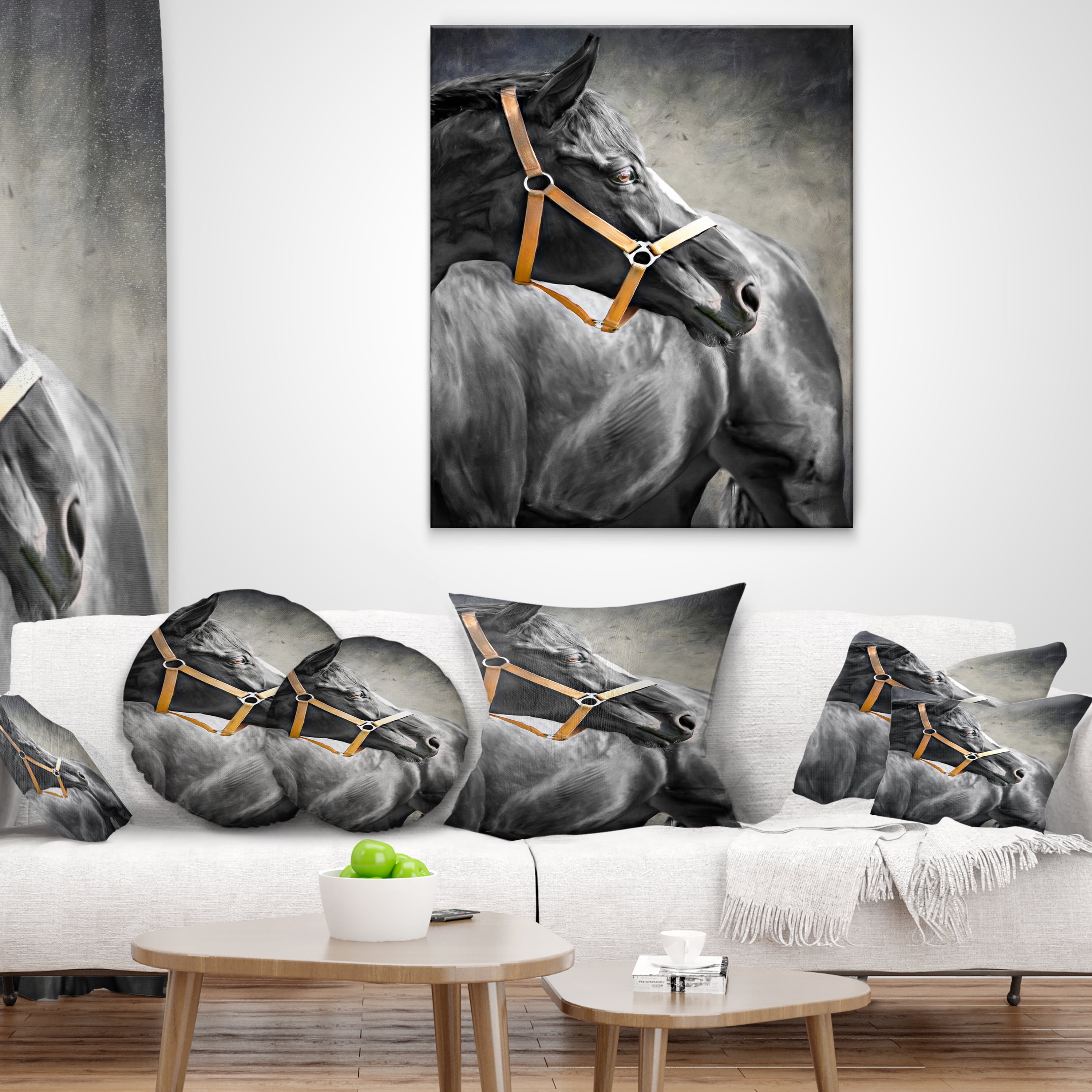 Designart Black Horse - Animal Throw Pillow - 12x20