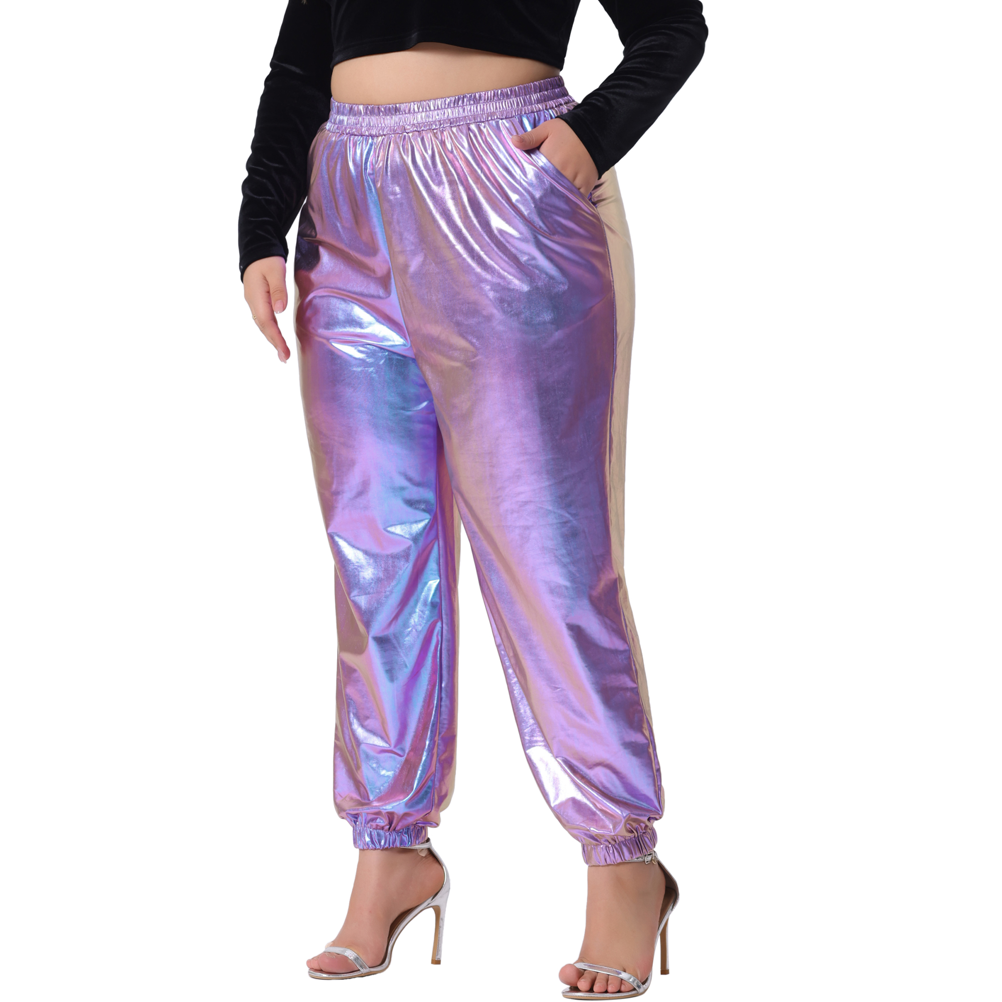 DARING DIVA Women's Plus Jogger Pants Metallic Shiny Stretchy Trousers 1X Purple Blue