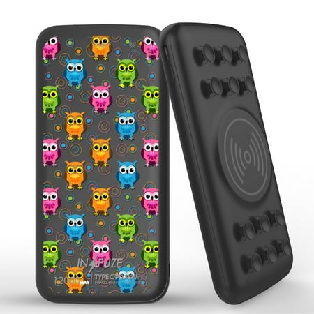 

INFUZE Qi Wireless Portable Charger for Samsung Galaxy A42 5G External Battery (12000 mAh 18W Power Delivery USB-C/USB-A 3.0 Ports Suction Cups) with Touch Tool - Cute Owls on Black