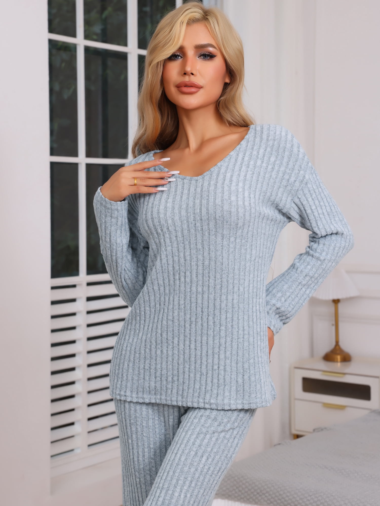 DARING DIVA Women's Ribbed Knit V Neck Long Sleeve Wide Leg Pants Lounge Set S Blue