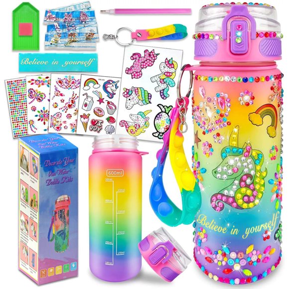 Girls' Sparkle & Create DIY Kit: 600ml Gradient Rainbow Water Bottle with Unicorn Cartoon Diamond Stickers, Diamond Pen, Glue, Stress-Relief Bubble Lanyard & "Believe in Yourself" Stickers –