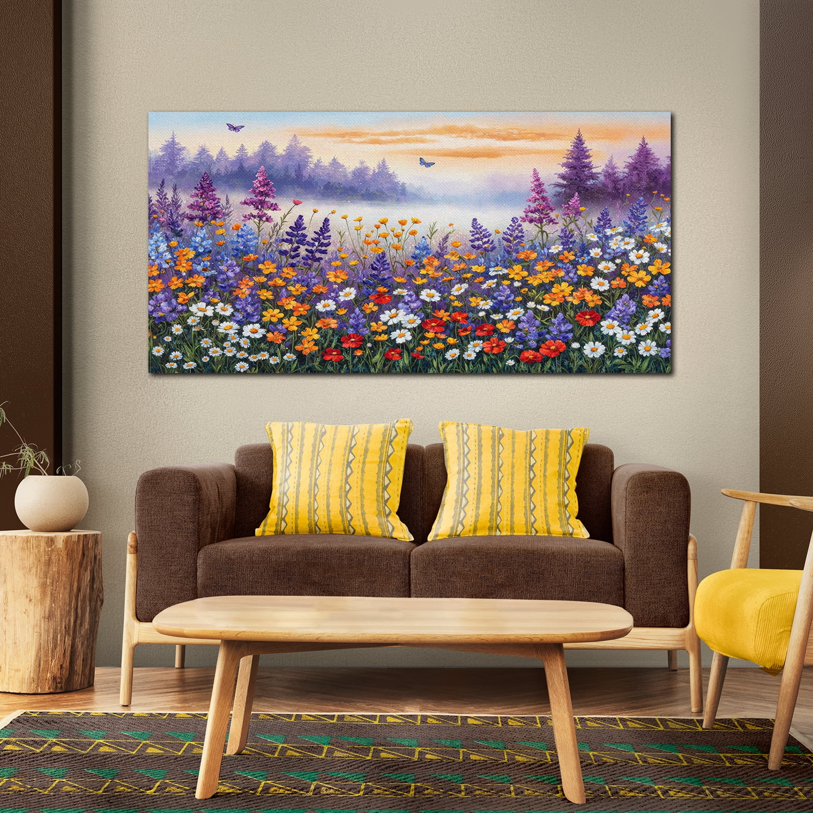 Oversized Floral Paintings, Large Canvas Wall Art for Living Room Bedroom Decor, Abstract Landscape Artwork Nature Flower Pictures Prints for Office Home 48x24"