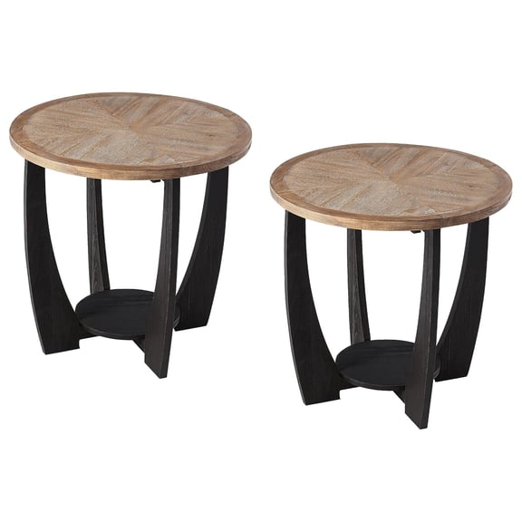 COZAYH Rustic Farmhouse Round End Table, Storage Shelf for Living Room, Black, Set of 2