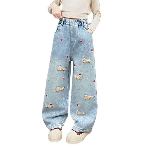 Kiijoy Girls Baggy Jeans Cute Dog Embroidery Loose Straight Leg Denim Pants, Sizes 5-14