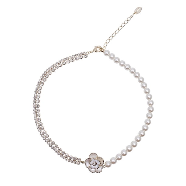 Collar para mujer, joyería para mujer, collar de perlas con flor de diamante brillante, collar de camelia con perla, collar de cadena de clavícula para mujer