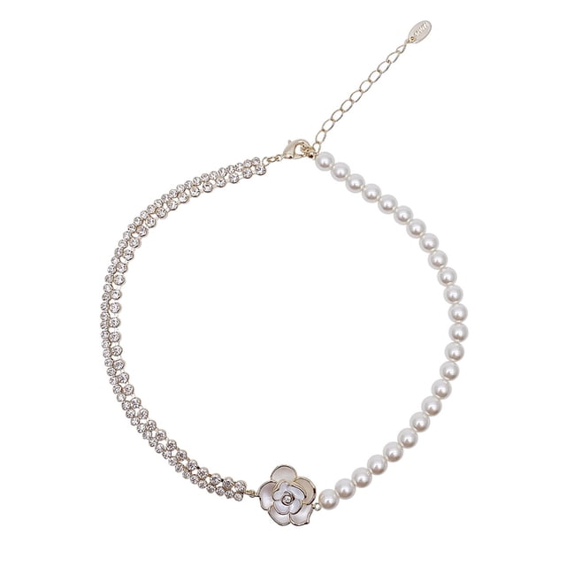 Collar para mujer, joyería para mujer, collar de perlas con flor de diamante brillante, collar de camelia con perla, collar de cadena de clavícula para mujer