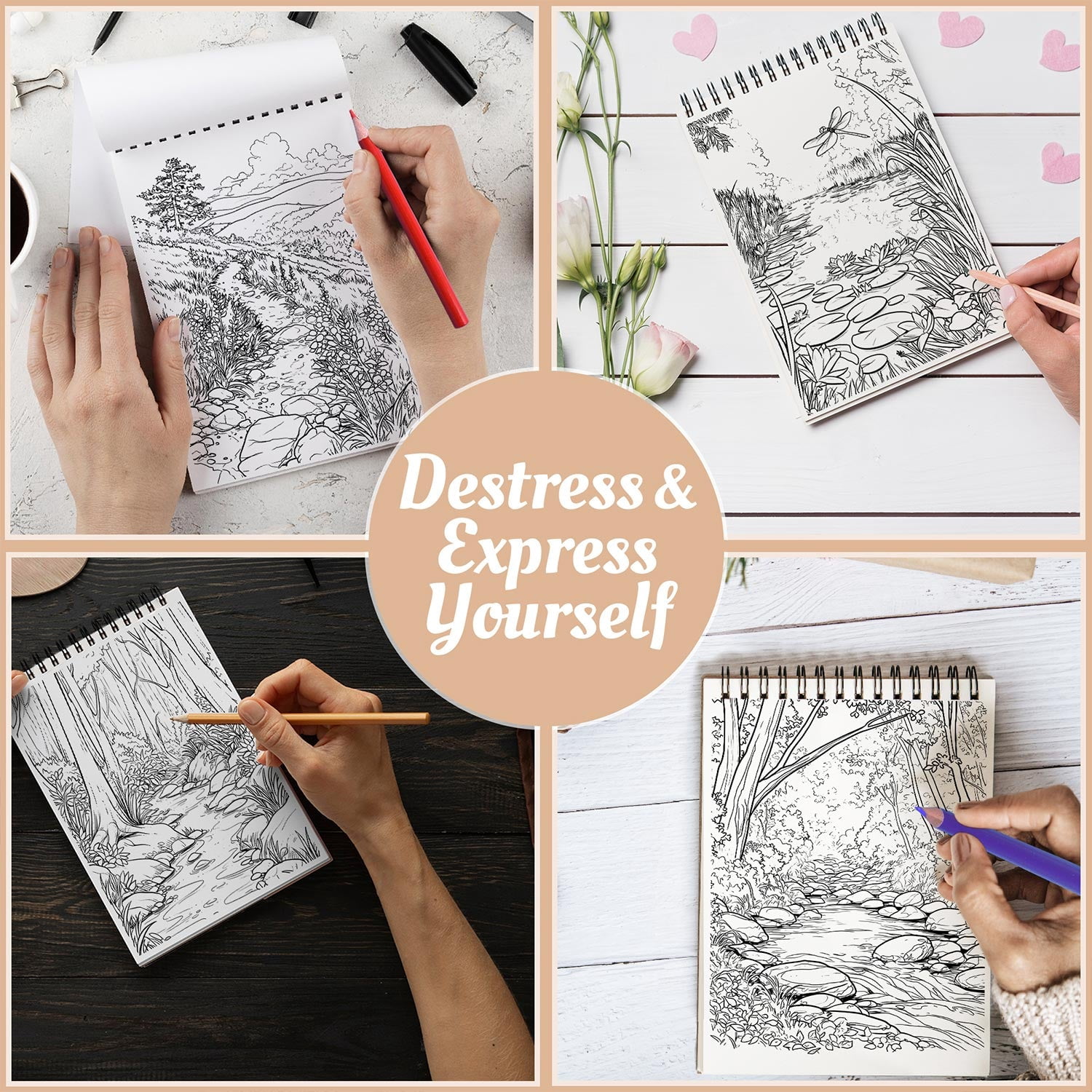 Netecom Nature Calm Coloring Book Spiral Bound for Adults, A5 Wooden Cover, 30 Peaceful Coloring Pages of Tranquil Landscapes for Stress Relief and Relaxation