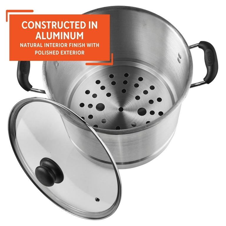Aluminum 32 Qt Steamer Pot W/Removable Boiler Basket Glass Lid Corn Cobs  Lobster