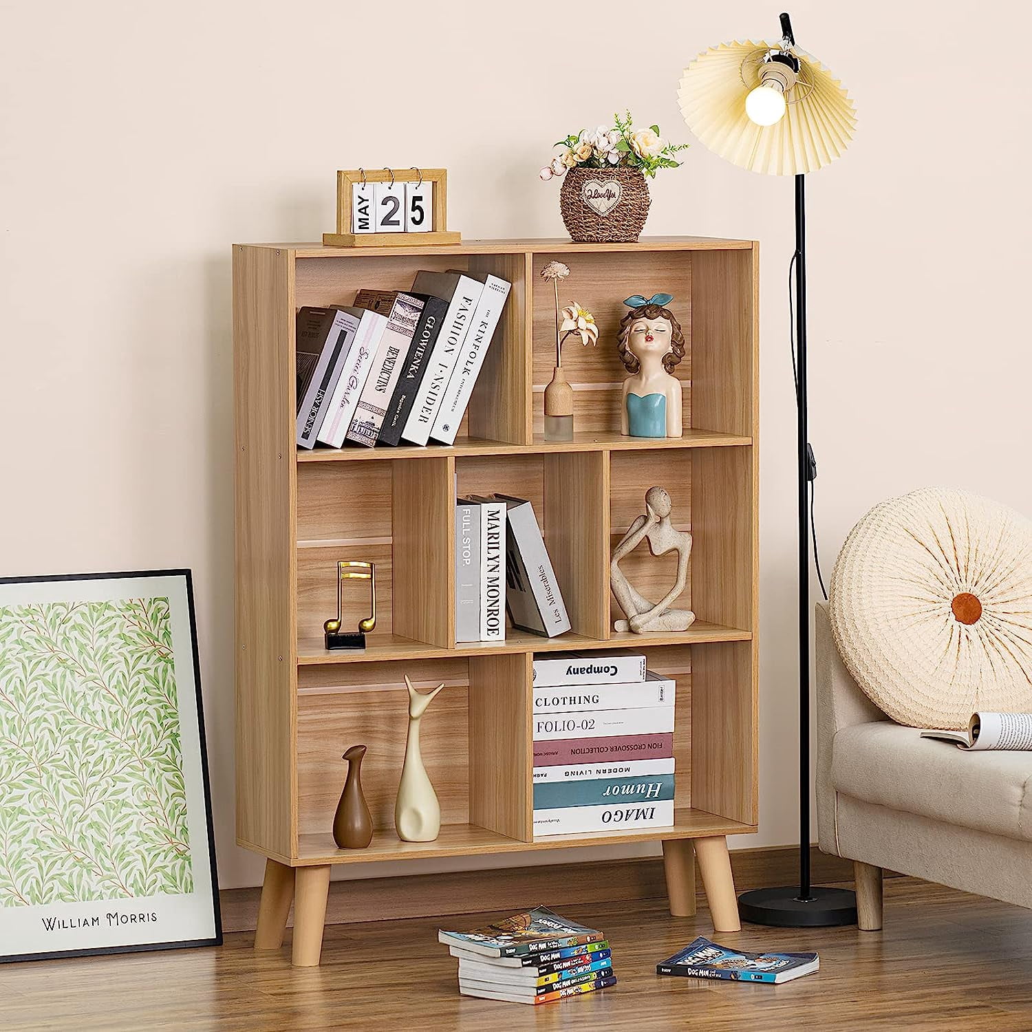 Cube Bookshelf 3 Tier Mid-Century Rustic  Modern Bookcase with Legs,Retro Wood Bookshelves Storage Organizer Shelf,Freestanding Open Book Shelves for Bedroom,Living Room,Office