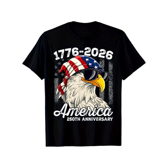 Retro America 250th Anniversary 1776-2026 Patriotic Bald Eagle USA Flag Sunglasses Bandana Unisex Graphic T-Shirt Vintage Style Fourth of July Independence Day Celebration Apparel