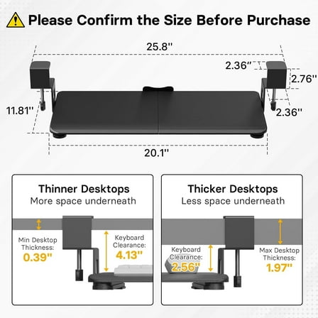 Under Desk Keyboard Tray, Pull-Out Keyboard & Mouse Platform with C-Clamp, 20 x 11.8 in Space-Saving Ergonomic Slide-Out Drawer, Black