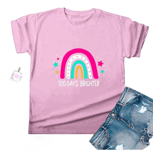 Fiudx Ofertas Flash Del Día Solo En Línea Camiseta Escolar para Mujer, Camiseta de Profesora de 100 Días, Camiseta Feliz de 100 Días, Impresión de Letras, Enseñanza, Manga Corta
