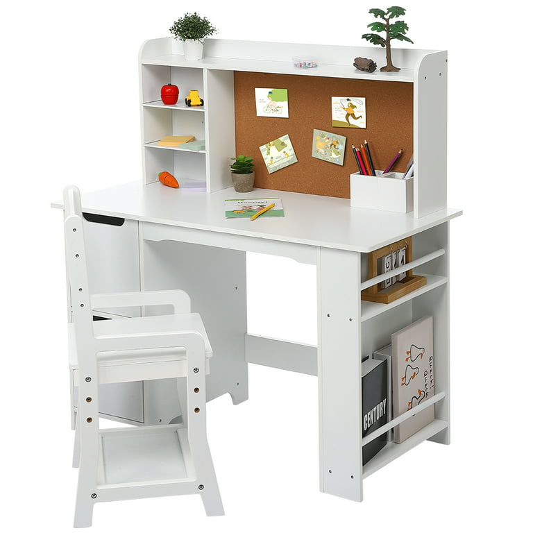 Kids Study Desk and Chair Set Wooden Learning Table with Bookshelf and  Cabinet
