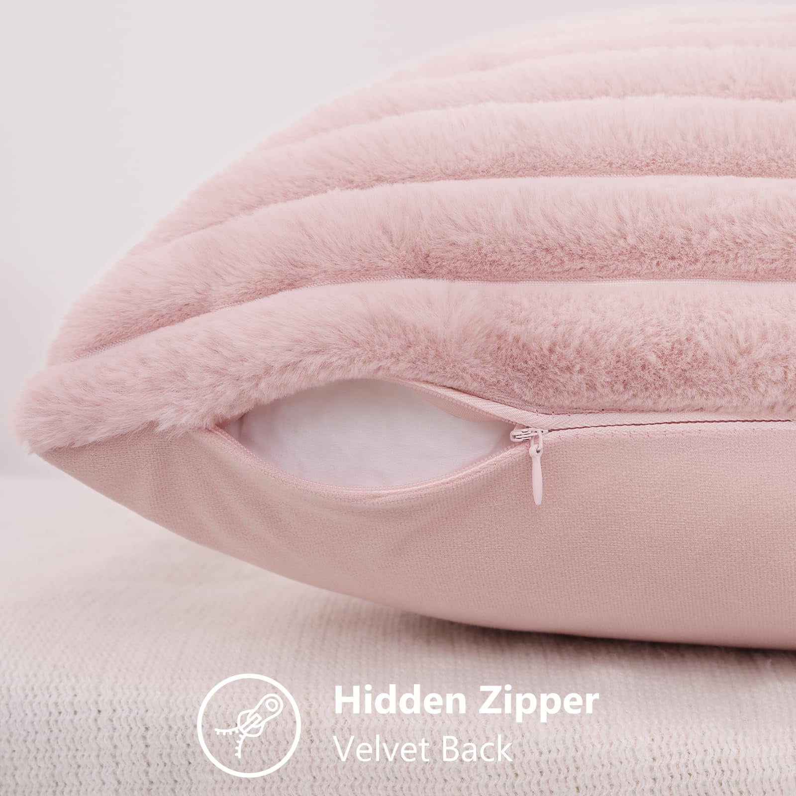 decorUhome Pack of 2 Faux Fur Plush Throw Pillow Covers 12x20, Soft Fluffy Striped Decorative Couch Pillow Covers , Blush Pink