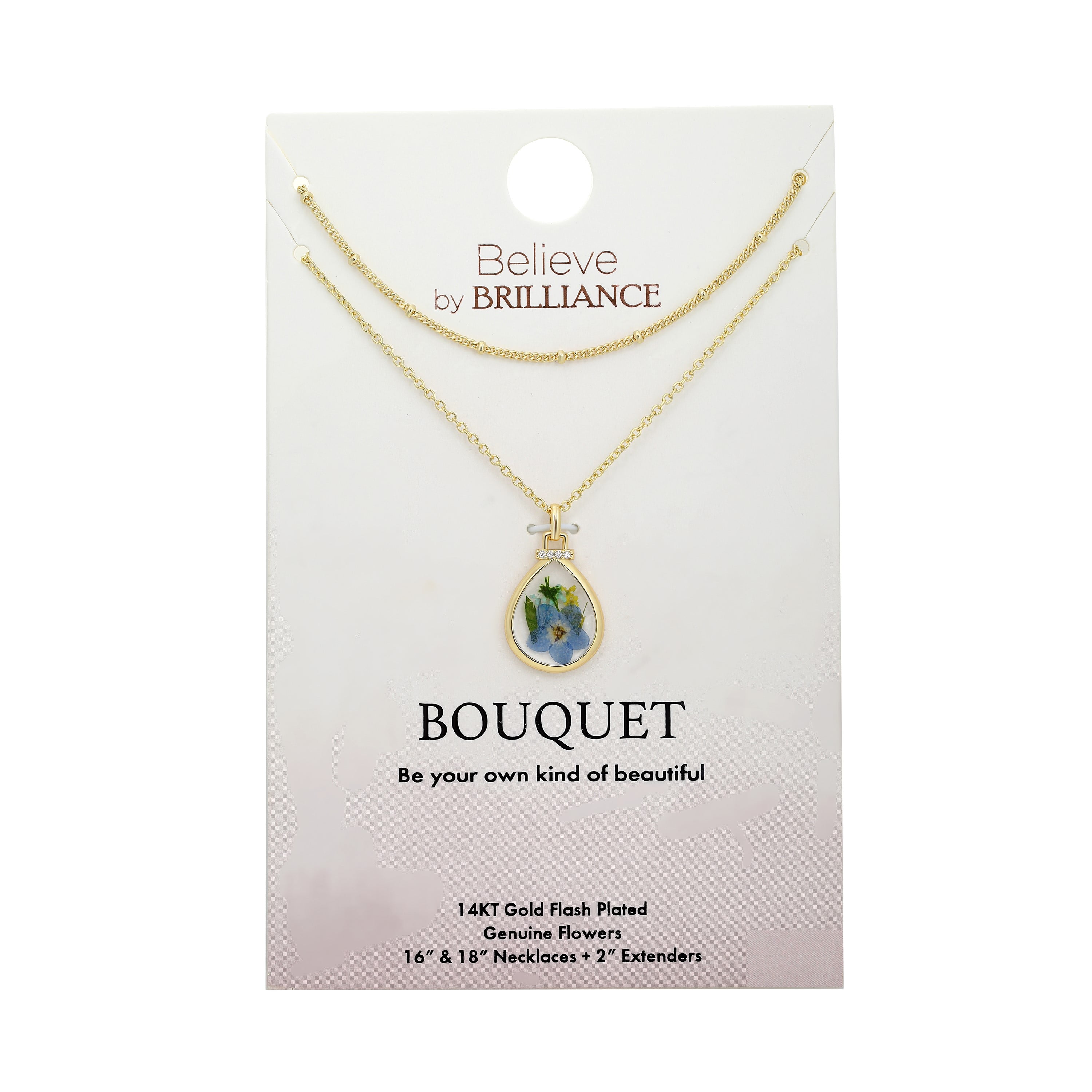 Believe by Brilliance 14KT Gold Flash Plated Double Necklace Set with Genuine Flowers