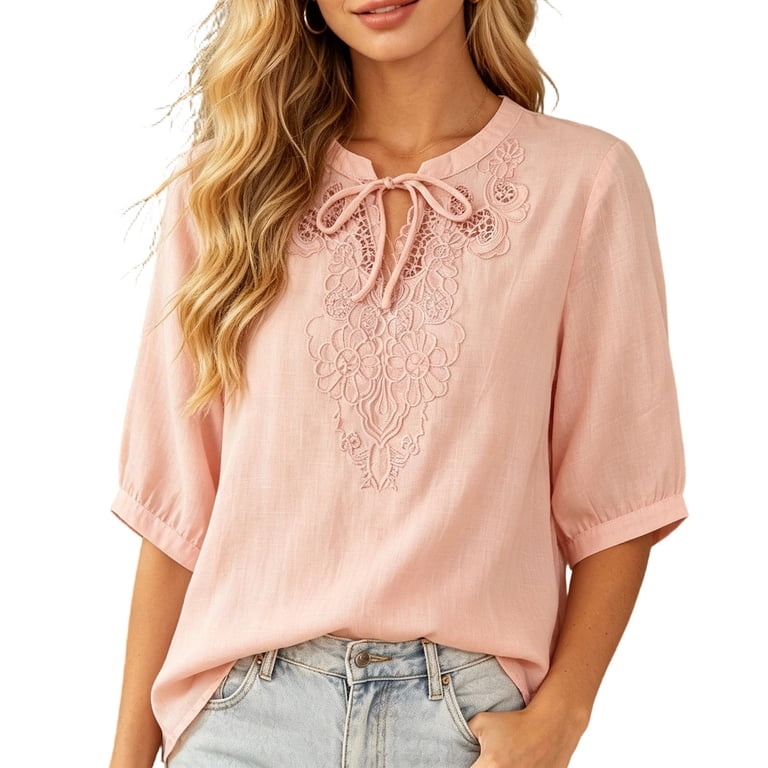 Mifsaly Cotton Linen Embroidered Blouses Women Tie V Neck 3/4 Puff