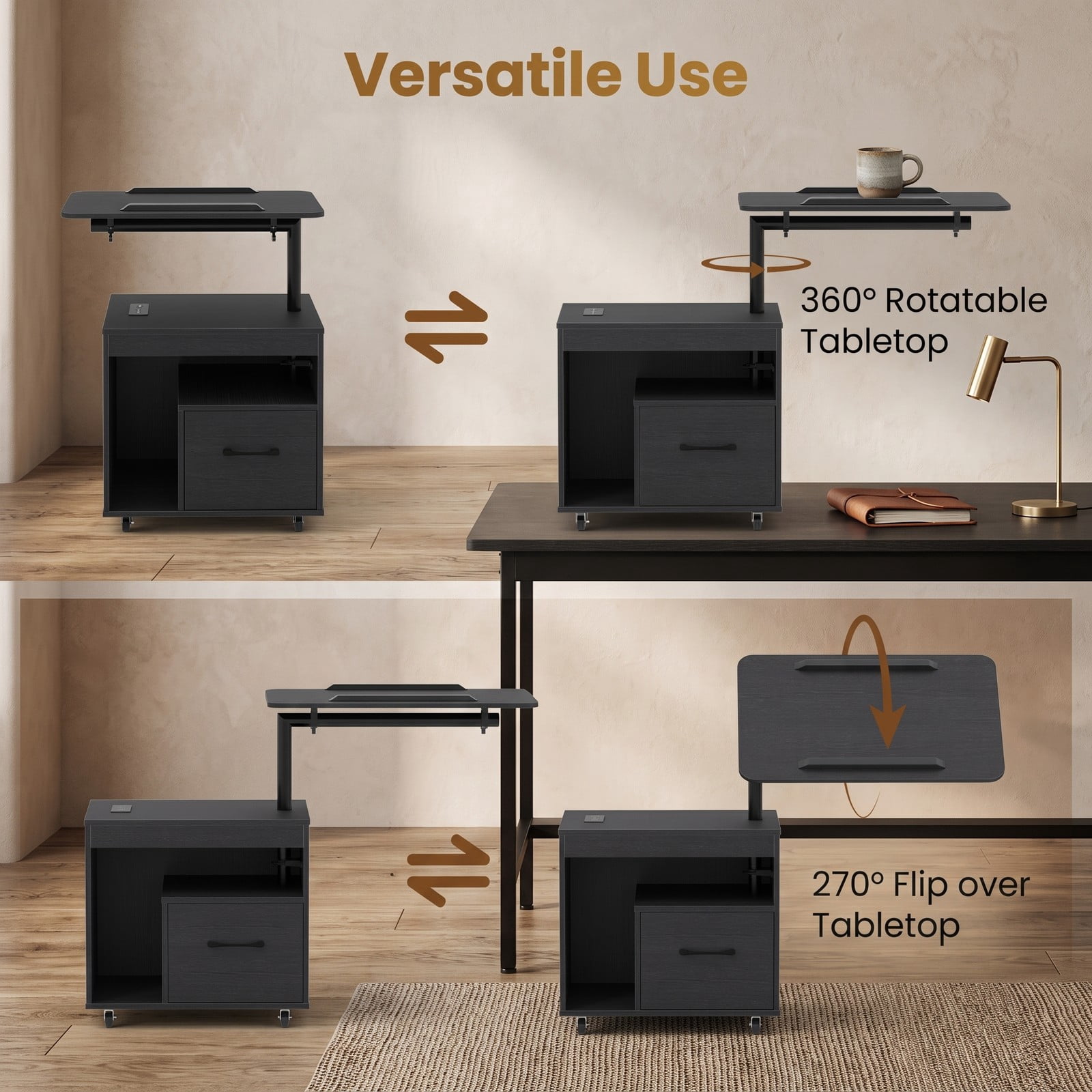Furnibear LED Nightstand with Charging Station and Flip over Rotatable Tabletop and Drawer for Bedroom and Living Room, Modern Bedside Table, Black