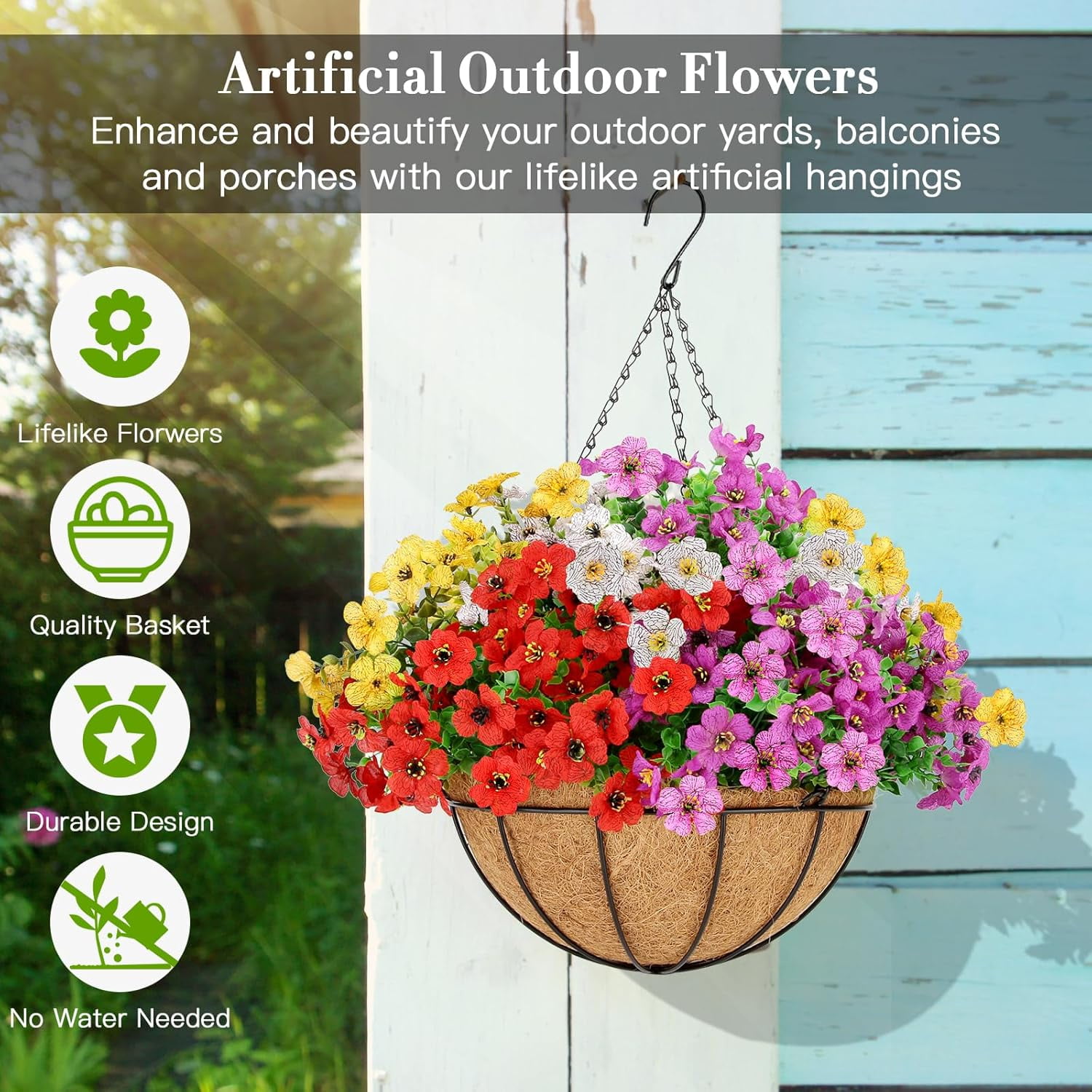 24 Bundles Artificial Hanging Flowers with 2 Baskets for Outdoors, Artificial Hanging Plants Outdoors, Fake Hanging Flowers Daisy Eucalyptus Realistic UV Resistant for Garden Patio Porch Summer Decor