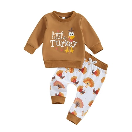 

Baby Boy Thanksgiving Outfits Letter Print Sweatshirt Turkey Pants Fall Winter Set