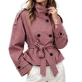 thumbnail image 2 of DPTALR Women's Gingham Stand Collar Double Breasted Belted Short Jacket Coat with Pockets,Size S-2XL, 2 of 9