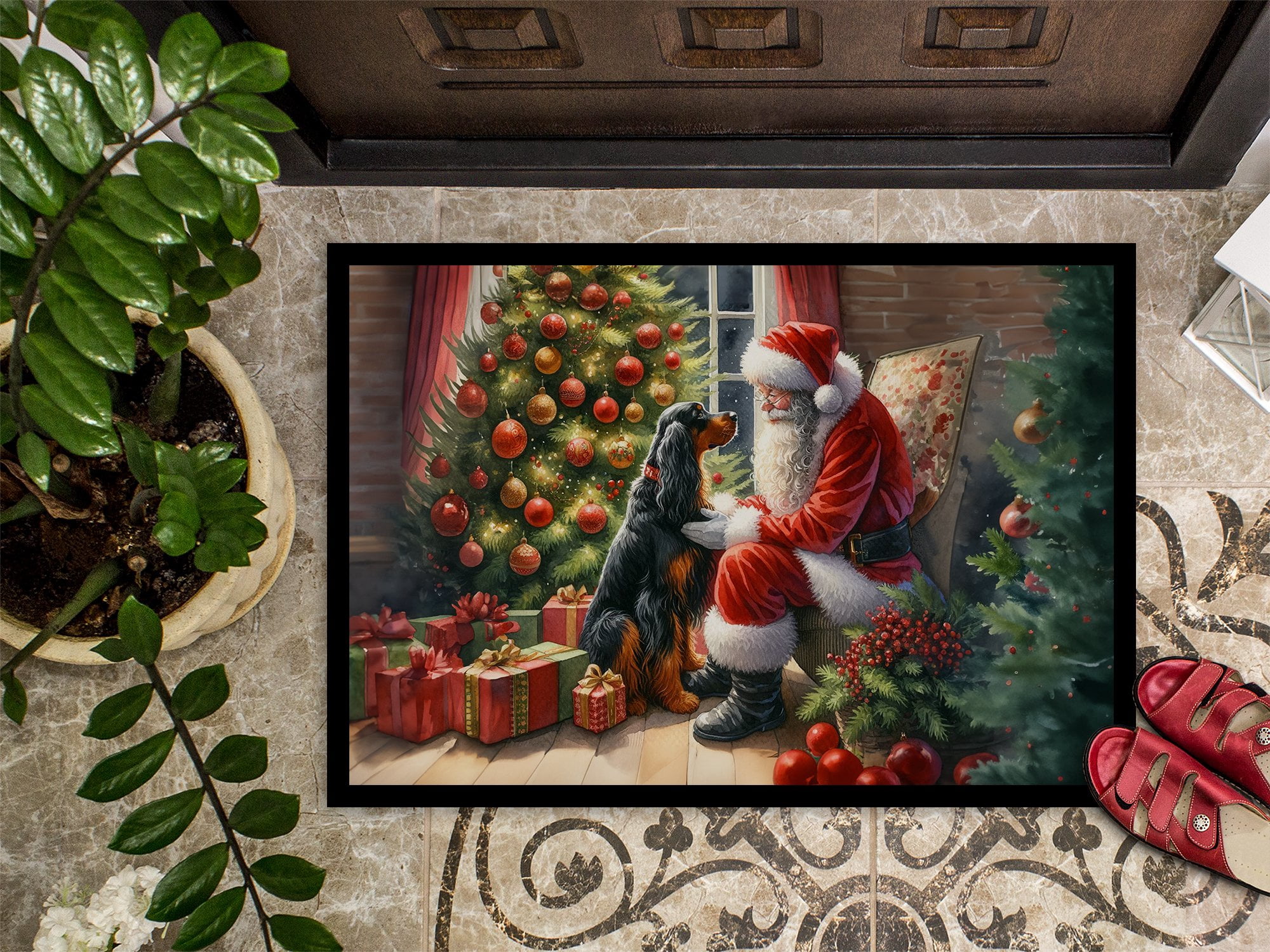 Caroline's Treasures DAC4118JMAT Gordon Setter and Santa Claus Doormat Front Door Mat Indoor Outdoor Rugs for Entryway, Non Slip Washable Low Pile, 24H X 36W