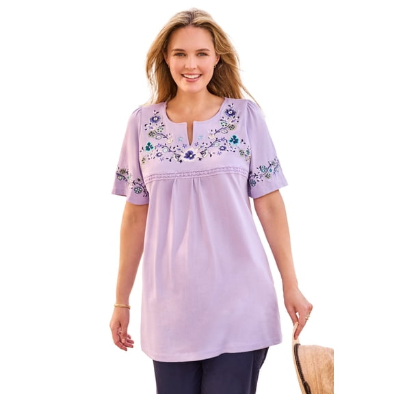 Woman Within Plus Size Embroidered Split-Neck Tunic