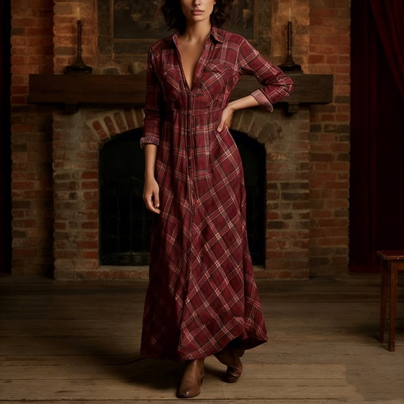 YueHuiYing Women's Casual Dresses Fashion Long Sleeve Button Up Floral Print Belted Tiered Boho Maxi Party Dress